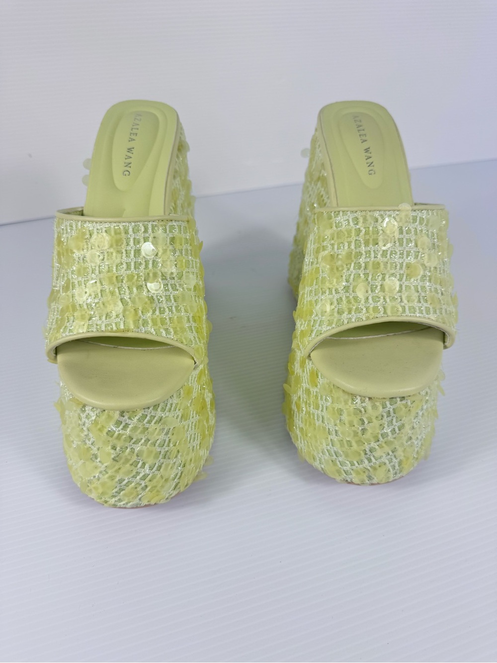 Azalea Wang Betsey Yellow Sequin Platform Wedge Sandals NIB - Picture 3 of 9